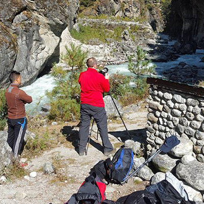 Behind the scenes of Returntonepal documentary. Filming the famous bridges over the Dudh Kosi (milk river) en route to Namche.